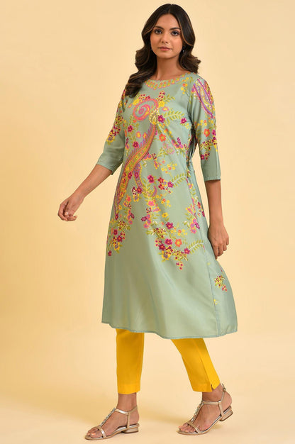 Green Printed kurta With Decorative Side Metal Ring - wforwoman