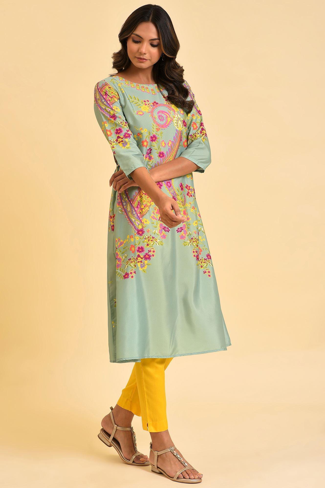 Green Printed kurta With Decorative Side Metal Ring - wforwoman