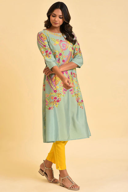 Green Printed kurta With Decorative Side Metal Ring - wforwoman