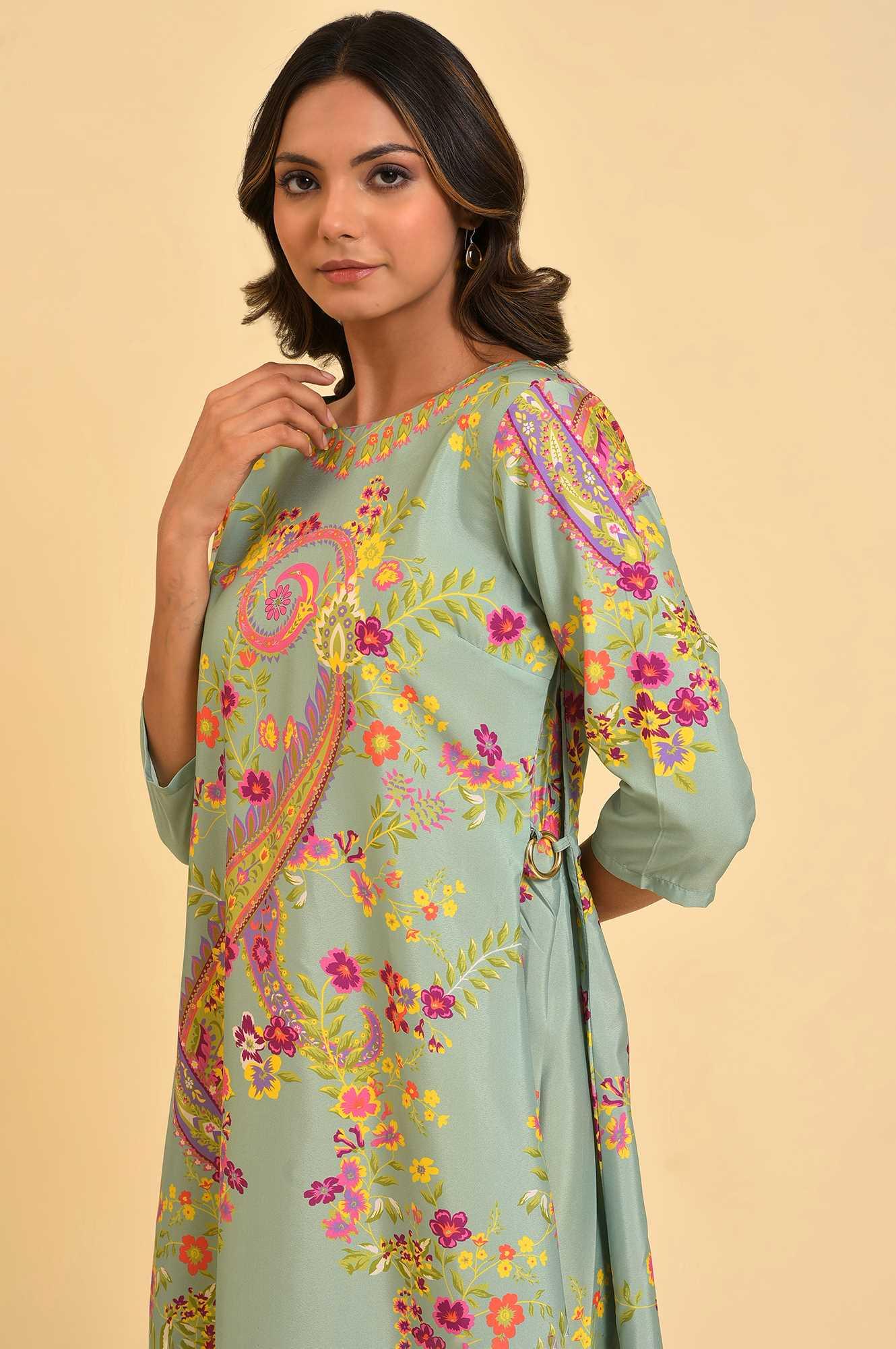Green Printed kurta With Decorative Side Metal Ring - wforwoman