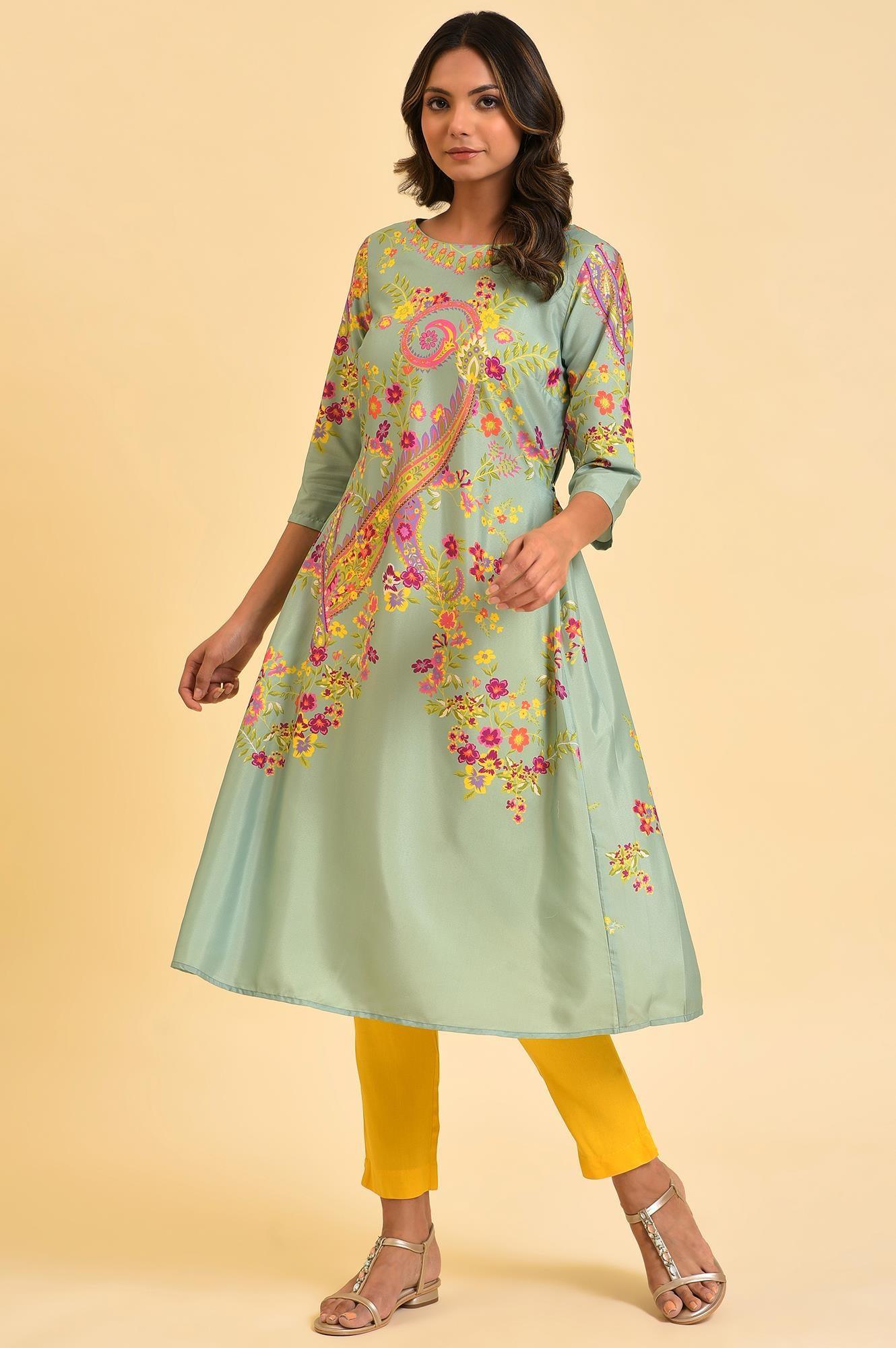 Green Printed kurta With Decorative Side Metal Ring - wforwoman