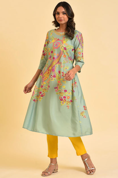 Green Printed kurta With Decorative Side Metal Ring - wforwoman
