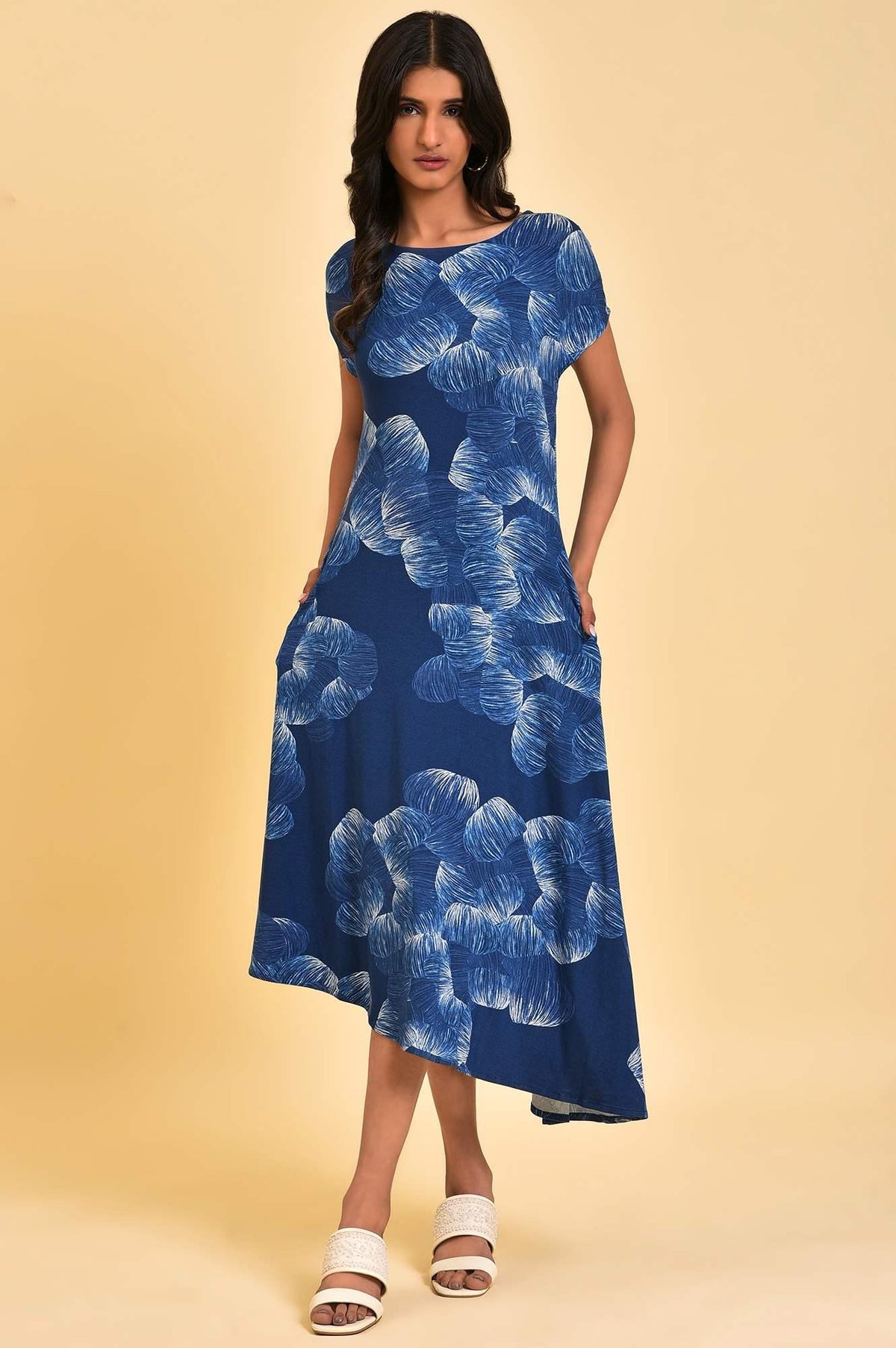 Blue Abstract Printed Waterfall Summer Dress - XS
