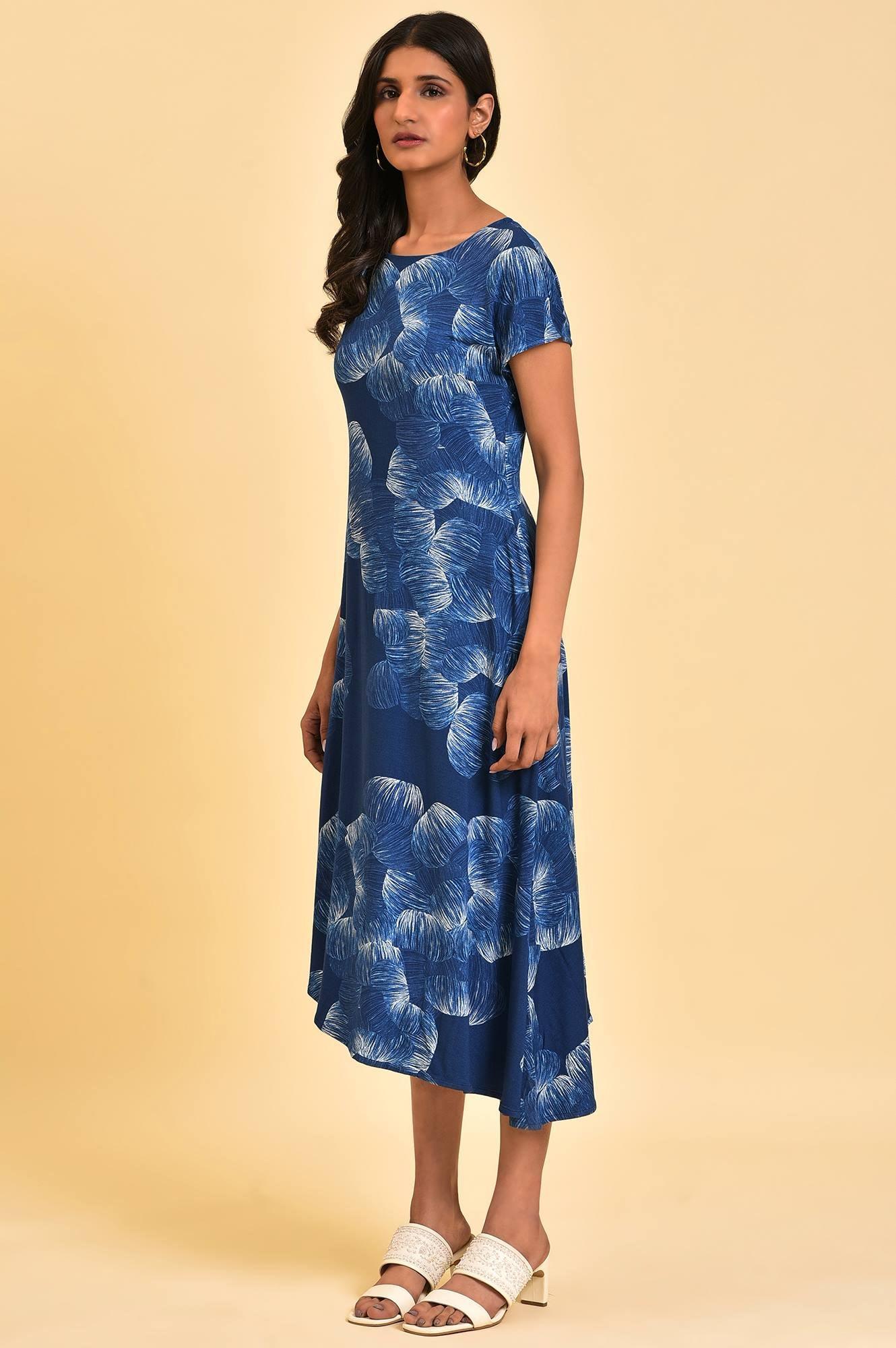 Blue Abstract Printed Waterfall Summer Dress - wforwoman