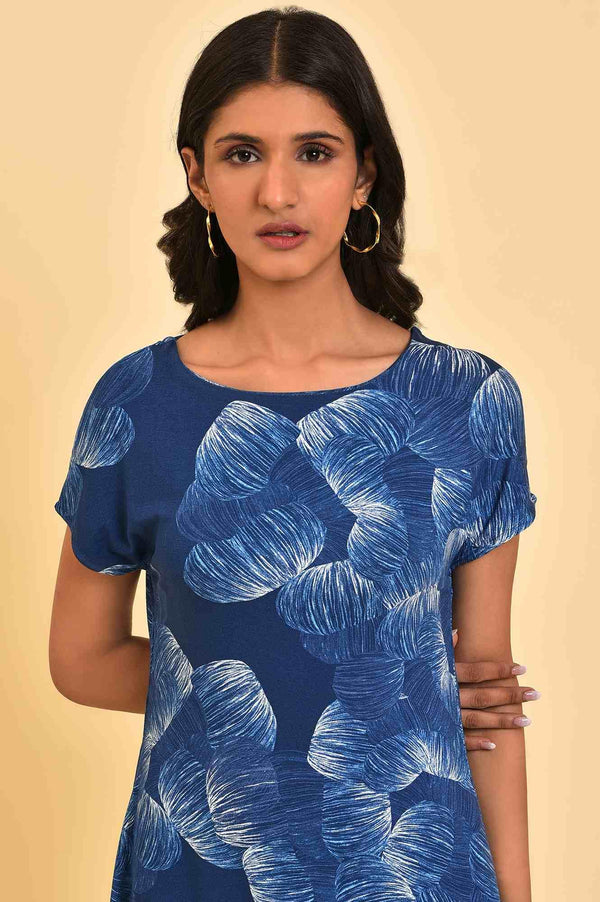 Blue Abstract Printed Waterfall Summer Dress