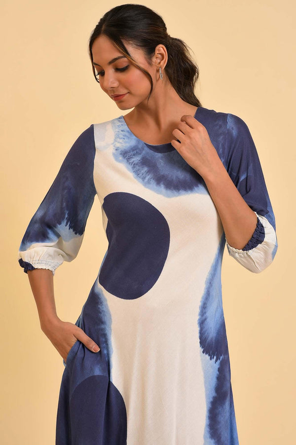 Ecru Flared Dress With Bold Blue Prints