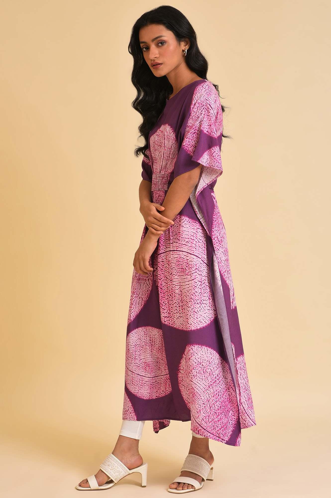 Purple Bold Graphic Printed Kaftan With Back Tie Up - wforwoman