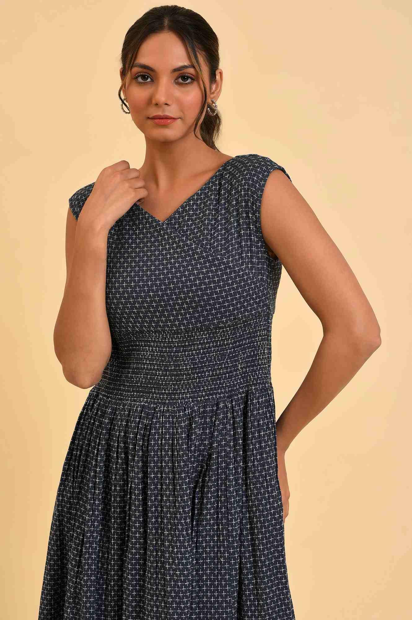 Blue Yarn Dyed Smocked Dress - wforwoman