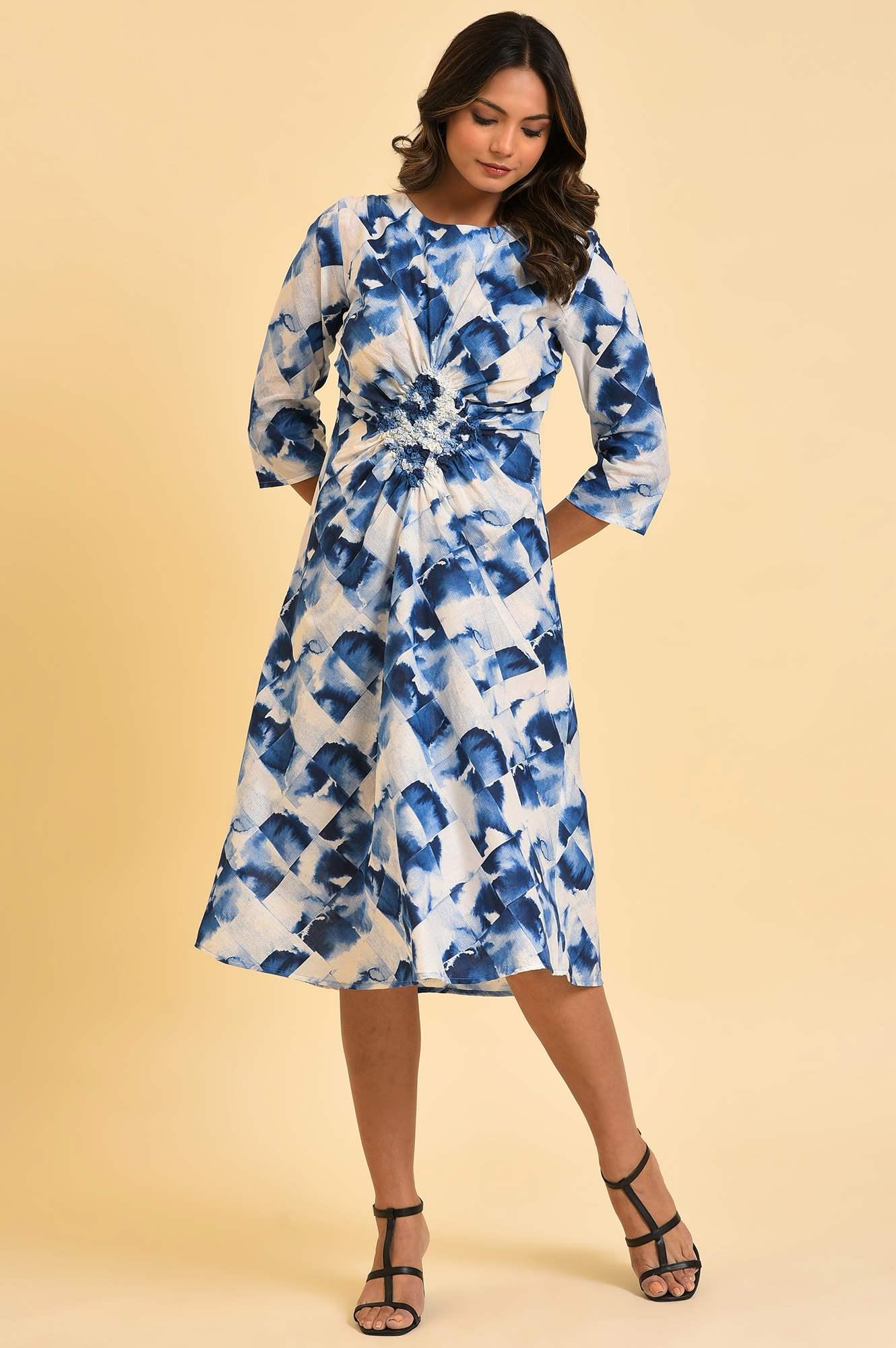 Blue Geometrical Printed Dress With Decorative Smocking - wforwoman