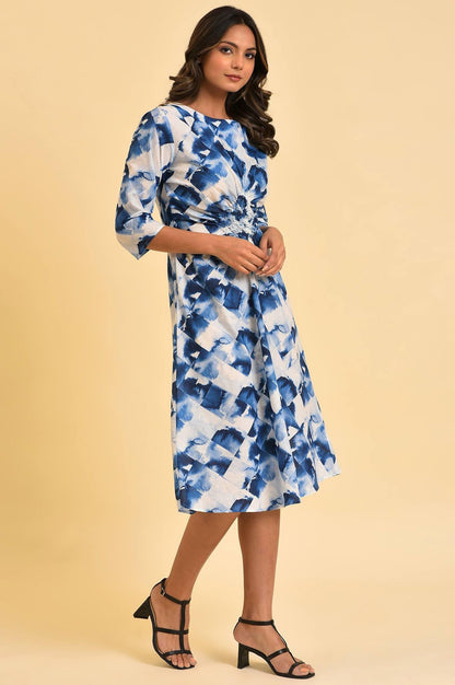 Blue Geometrical Printed Dress With Decorative Smocking - wforwoman