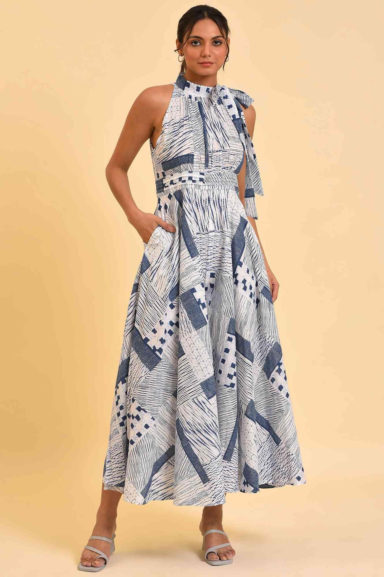 Blue Printed Western Jumpsuit With Pleated Belt - wforwoman