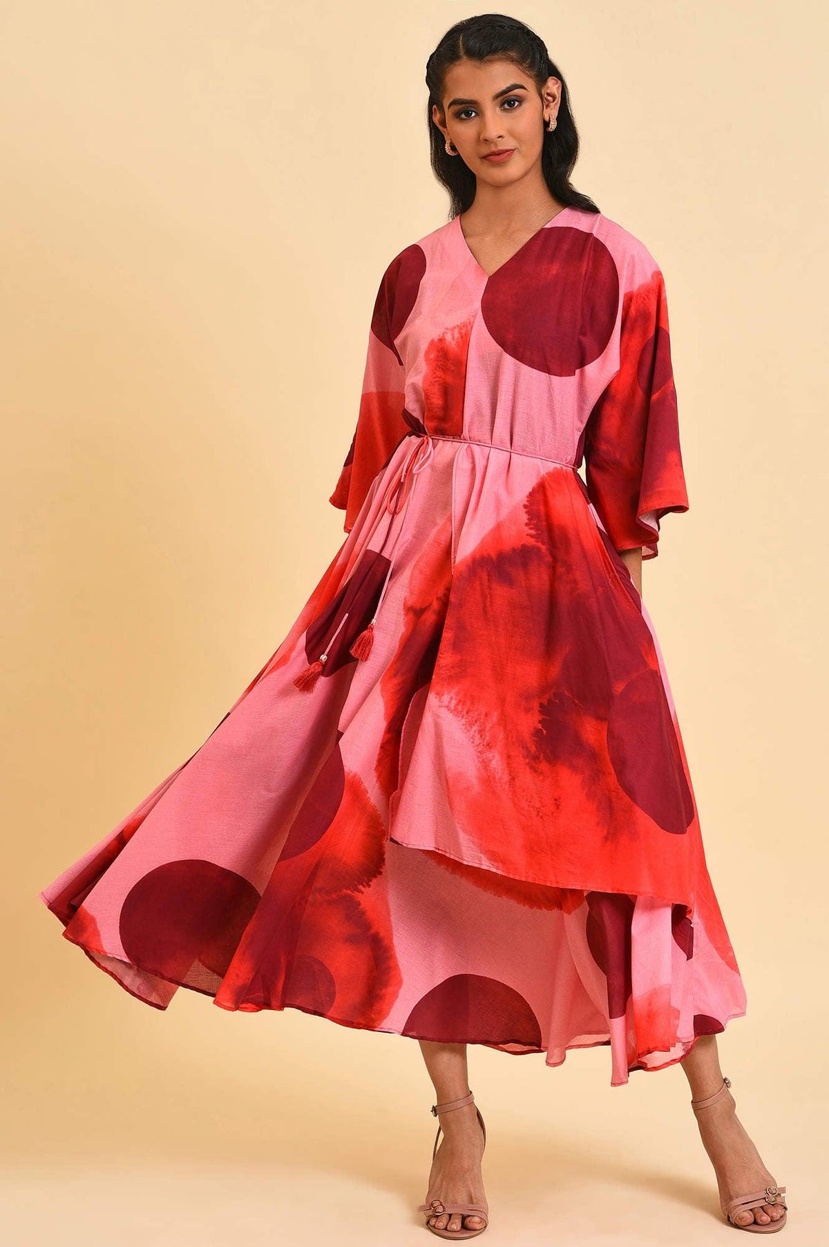 Red And Pink Polka Print Asymmetrical Dress - XS