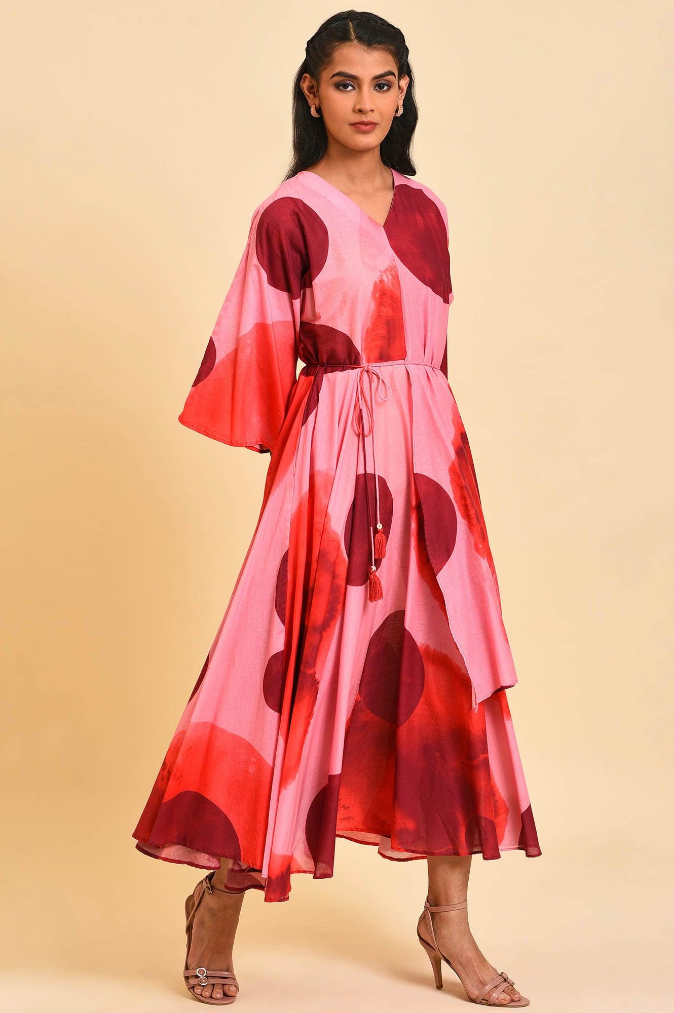 Red And Pink Polka Print Asymmetrical Dress - wforwoman
