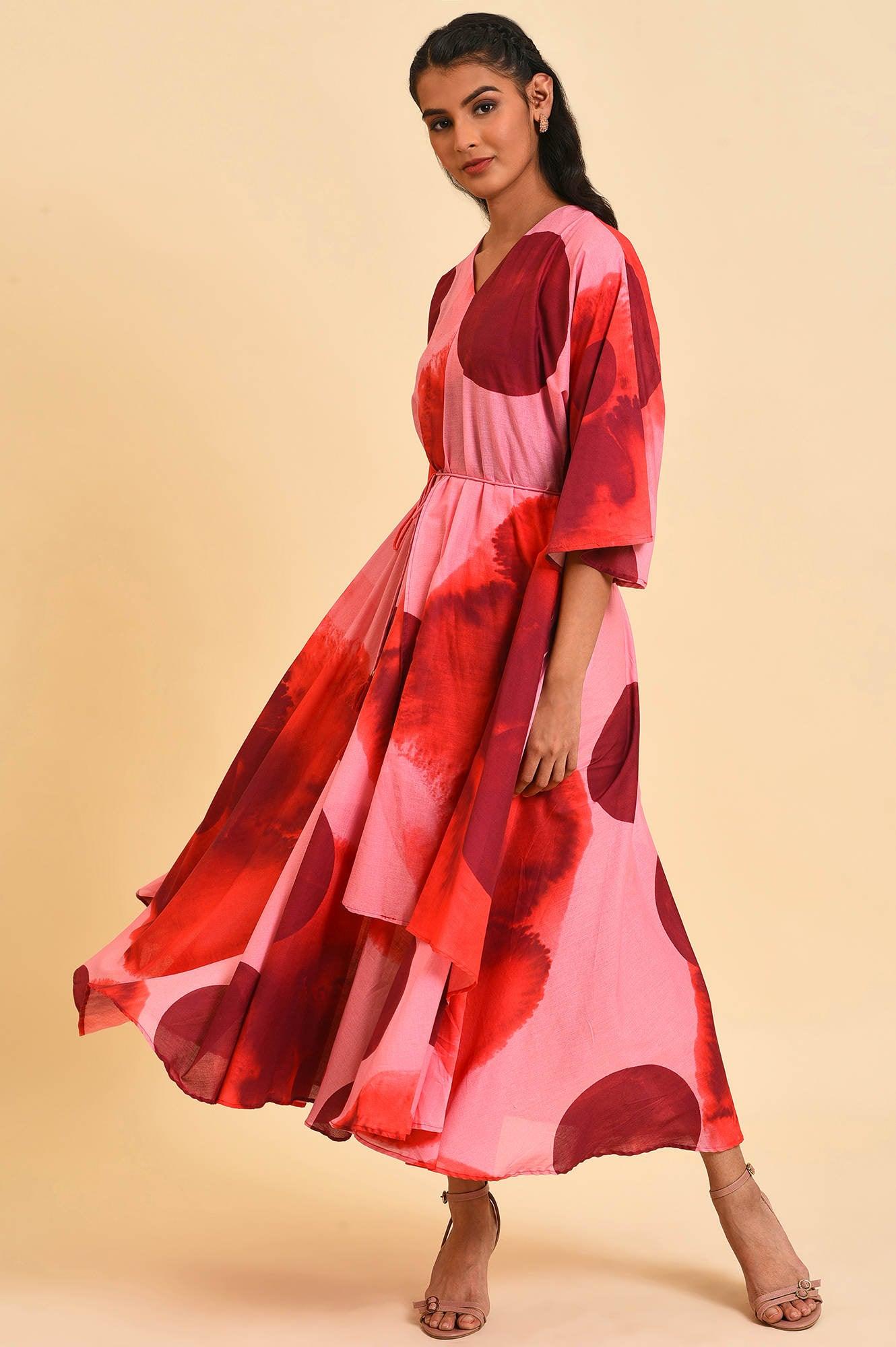 Red And Pink Polka Print Asymmetrical Dress - wforwoman