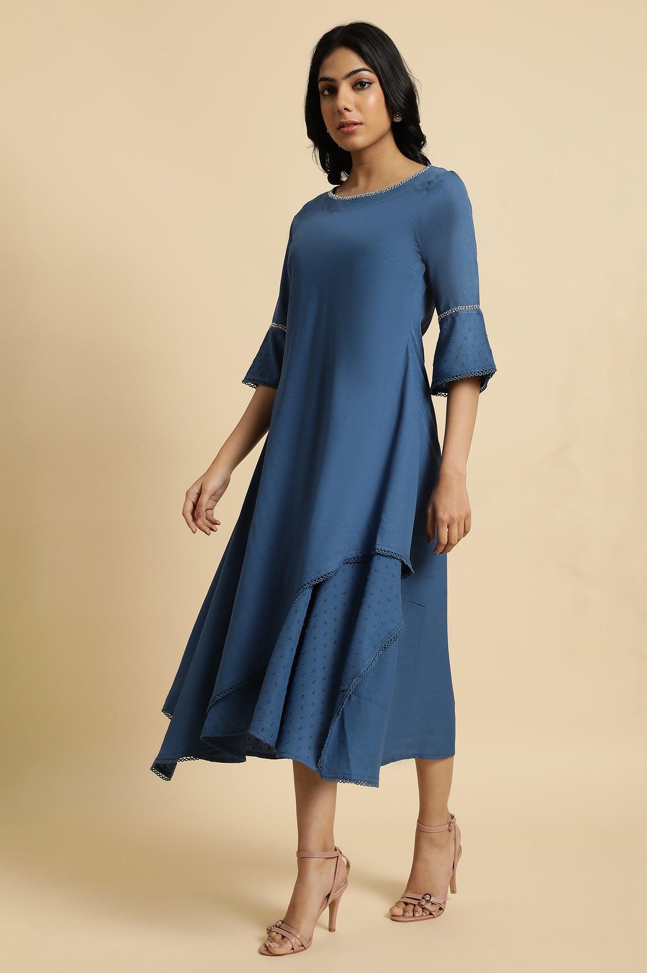 Blue Mock Layer Flared Dress - wforwoman