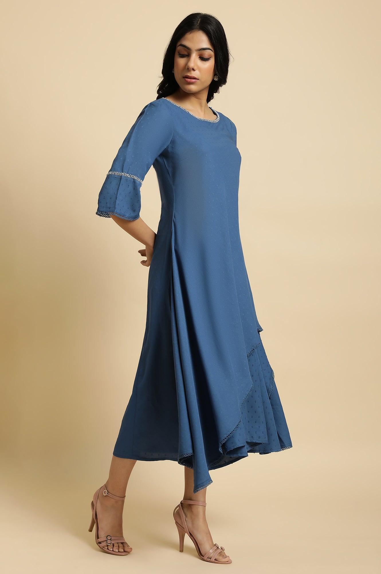 Blue Mock Layer Flared Dress - wforwoman