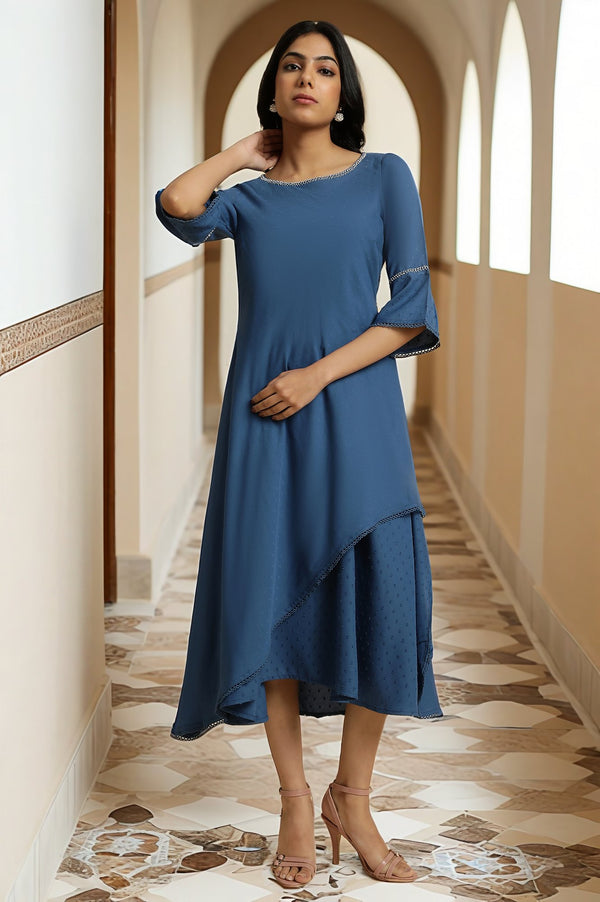 Blue Mock Layer Flared Dress