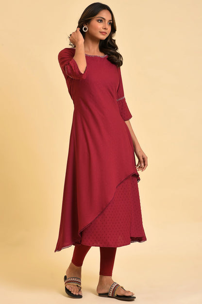 Maroon Mock Layered kurta In Moss Buti