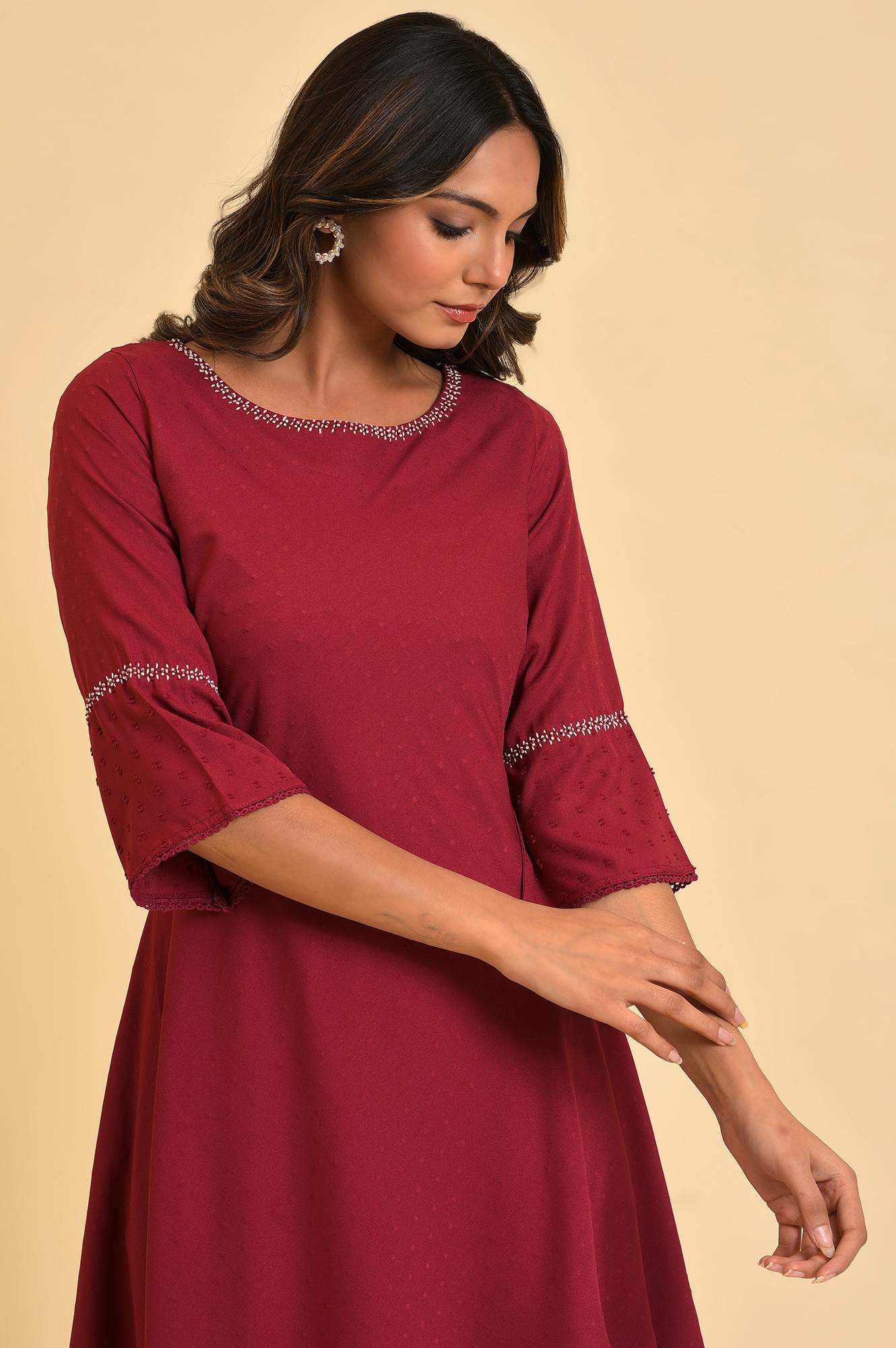 Maroon Mock Layered kurta In Moss Buti