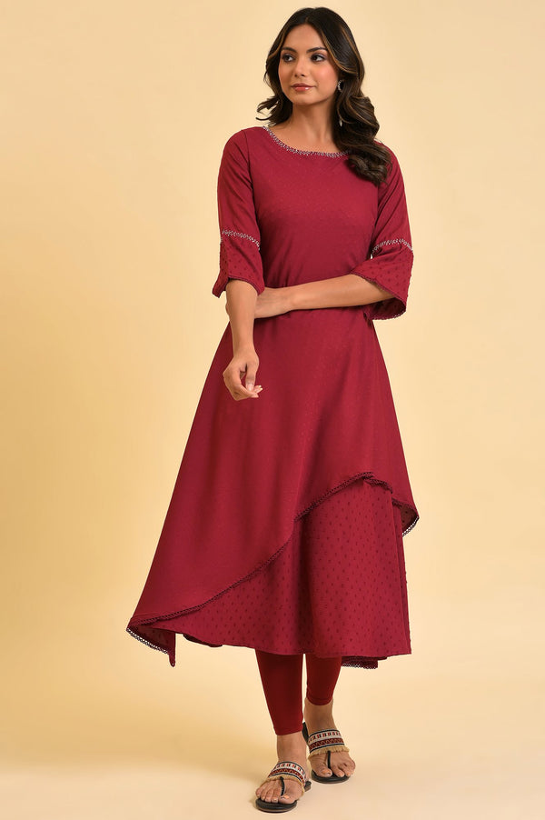 Maroon Mock Layered kurta In Moss Buti