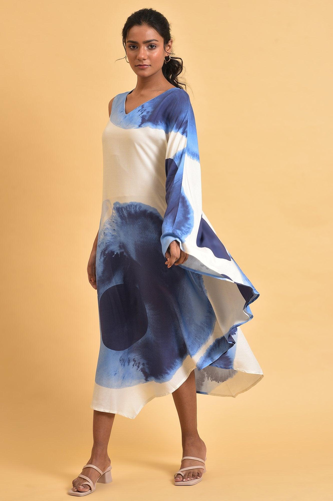 Blue One-Sided Sleeve Kaftan Dress - wforwoman