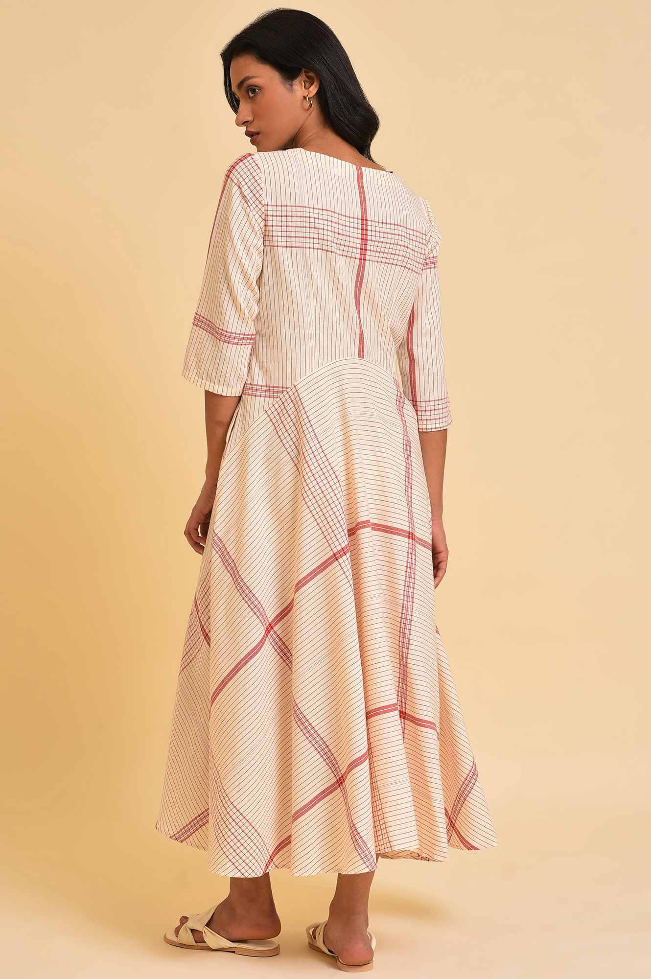 Beige Playful Checkered Free Flowing Dress - wforwoman
