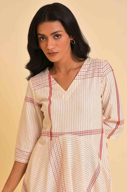 Beige Playful Checkered Free Flowing Dress - wforwoman