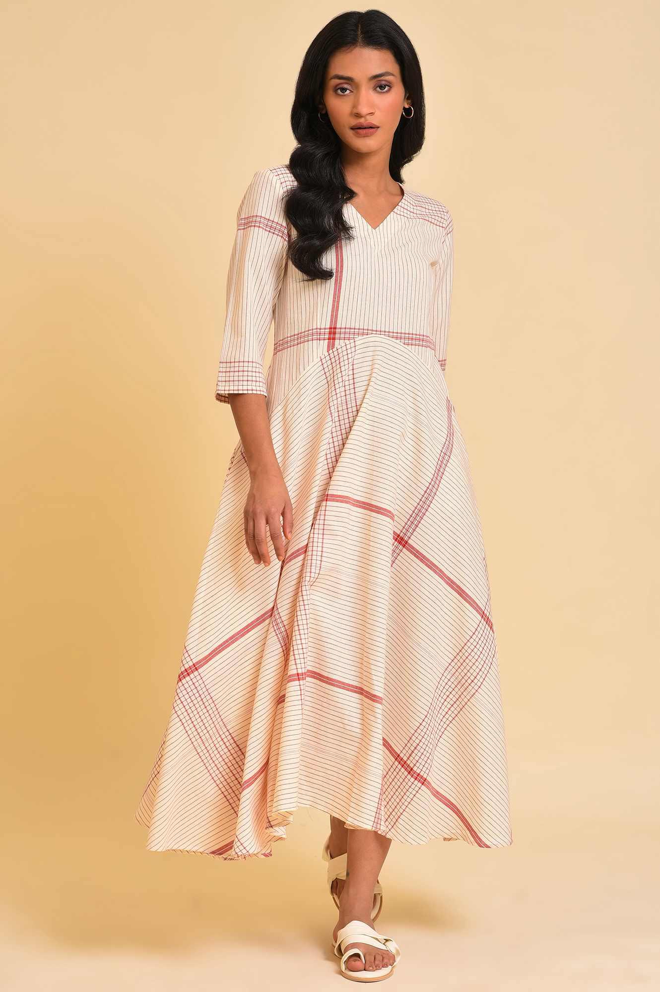 Beige Playful Checkered Free Flowing Dress - wforwoman