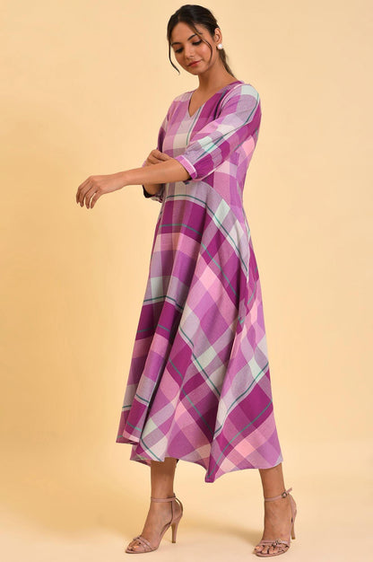 Purple Playful Free Flowing Checker Dress - wforwoman