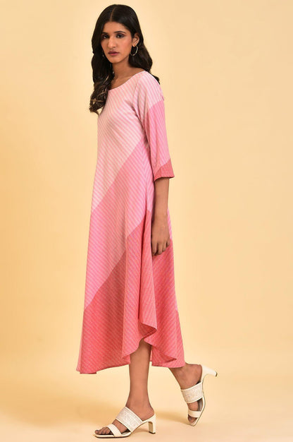 Pink Colourful Bias Stripe FLared Dress - wforwoman