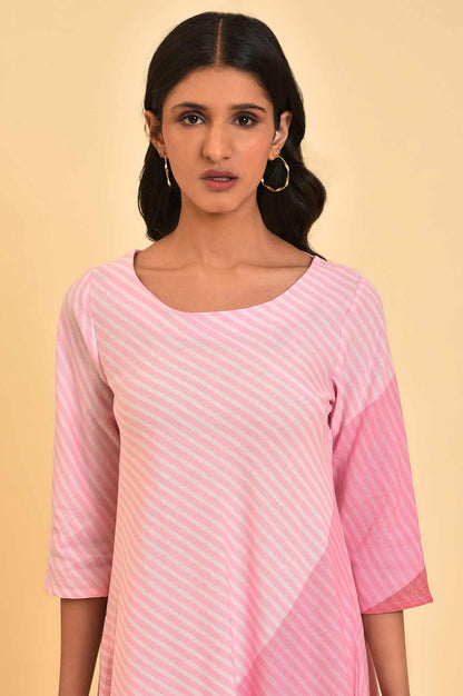 Pink Colourful Bias Stripe FLared Dress - wforwoman