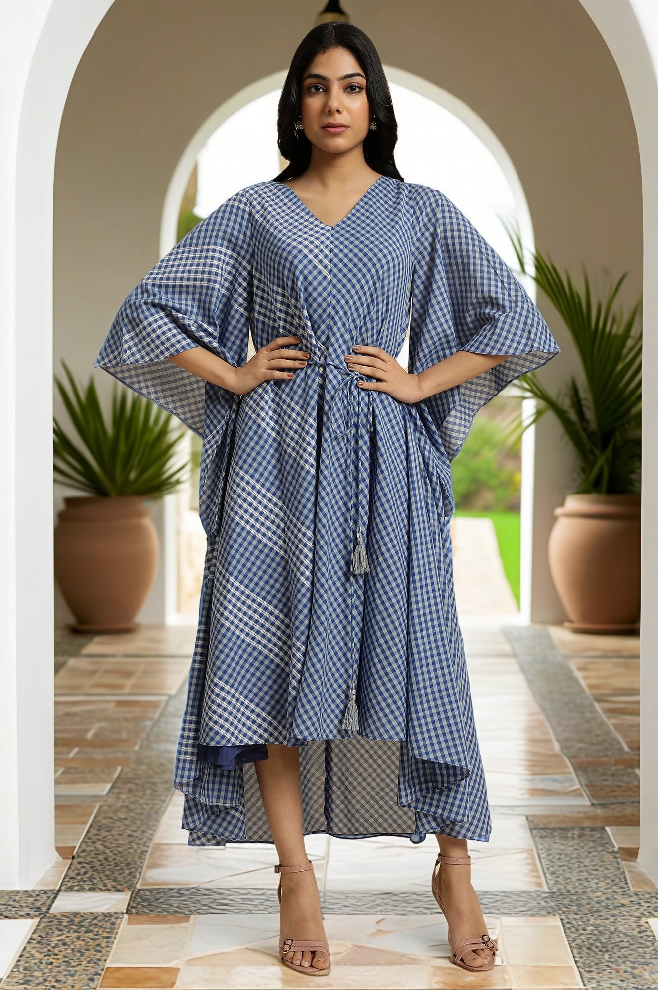 Blue Fluid Checkered Dress