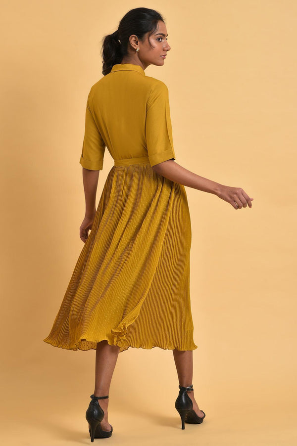 Mustard Yellow Pleated Rayon Flared Dress with Belt