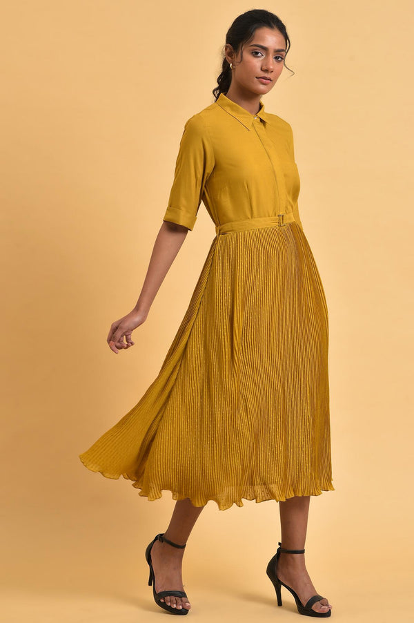 Mustard Yellow Pleated Rayon Flared Dress with Belt