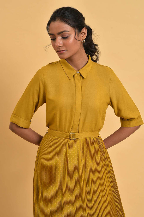 Mustard Yellow Pleated Rayon Flared Dress with Belt