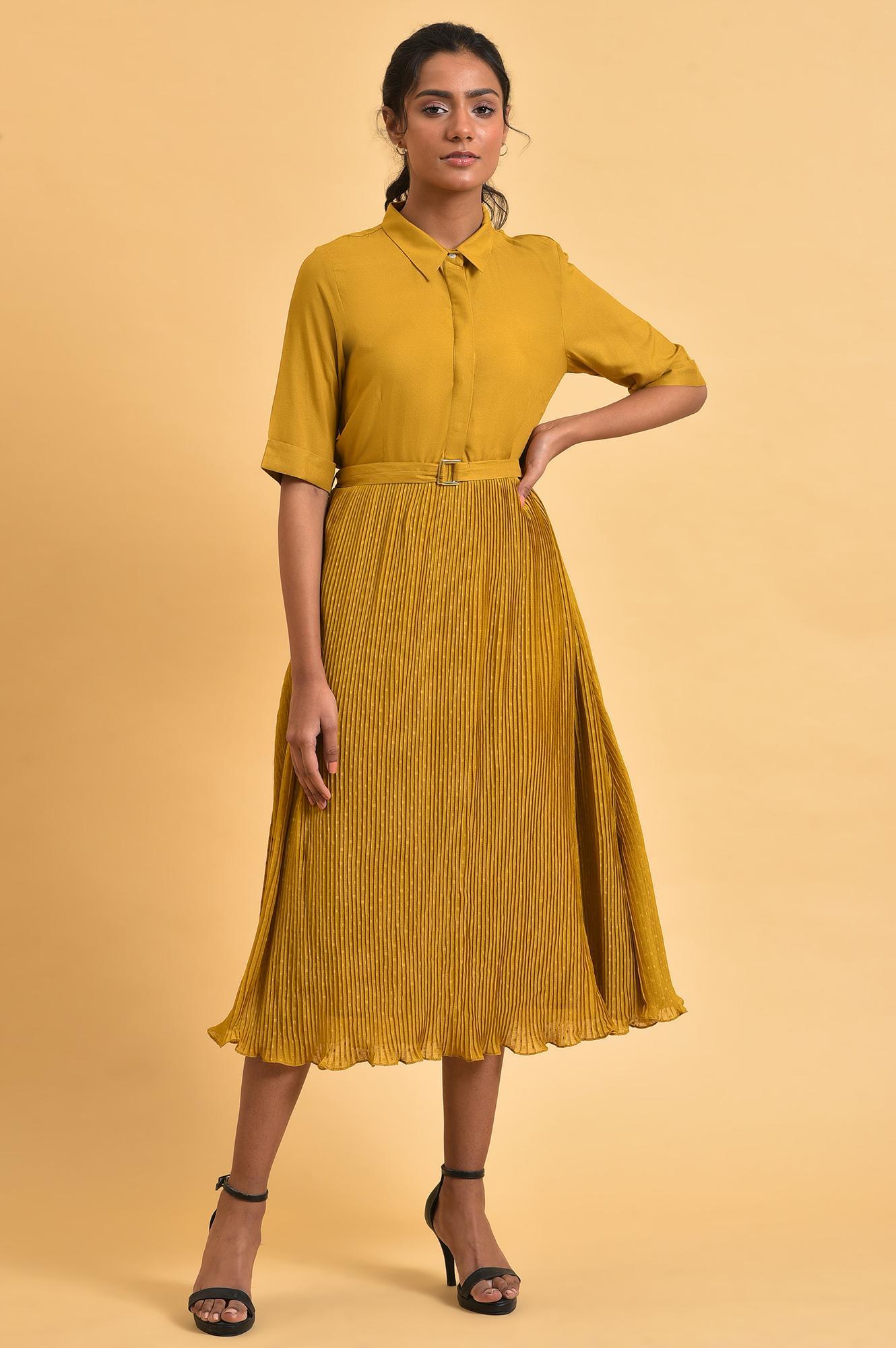 Buy Mustard Yellow Pleated Rayon Flared Dress with Belt Online for Woman | WforWoman Buy Mustard Yellow Pleated Rayon Flared Dress with Belt Online for Woman | WforWoman