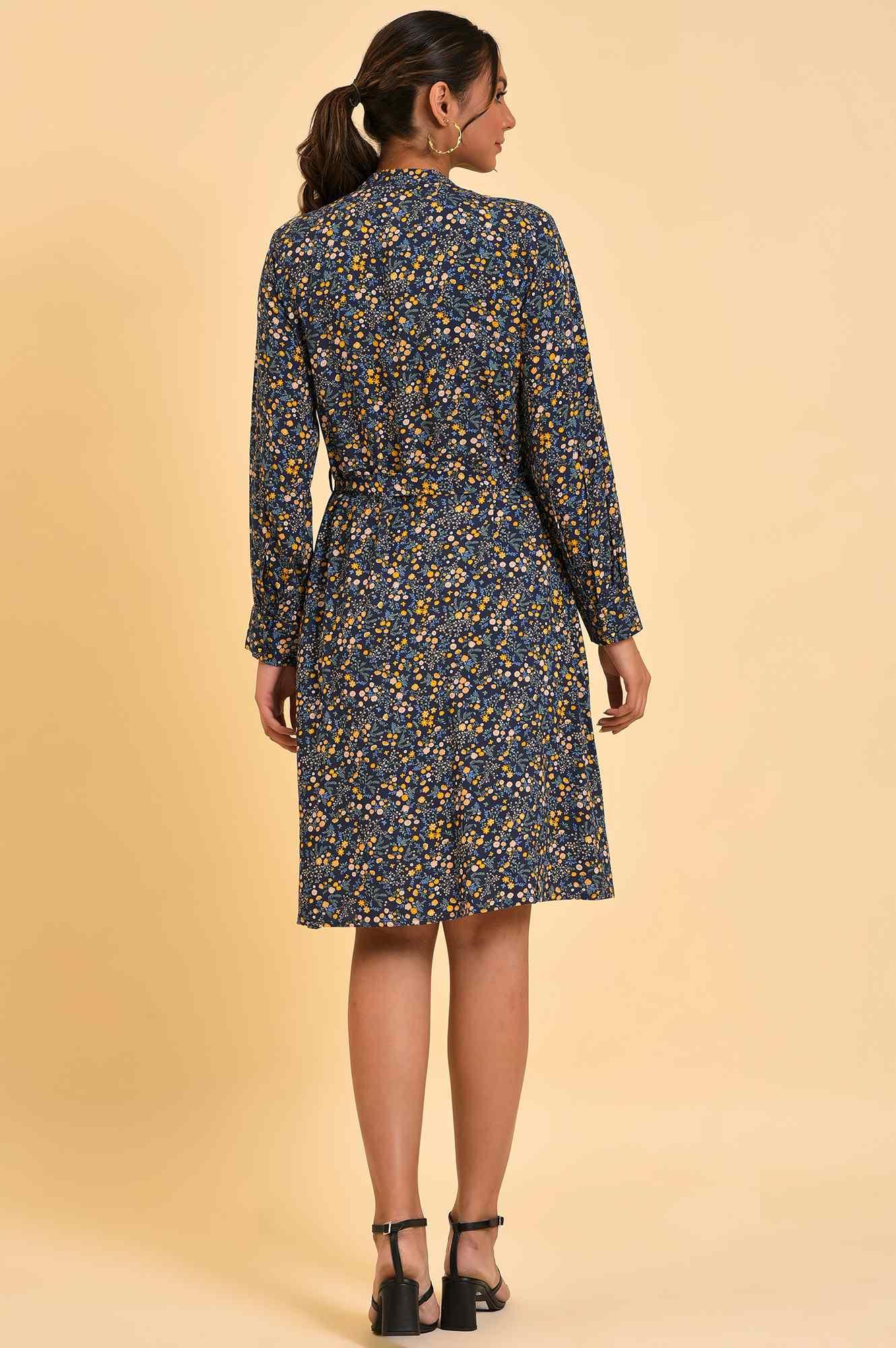 Blue Floral Printed Dress With Belt - wforwoman