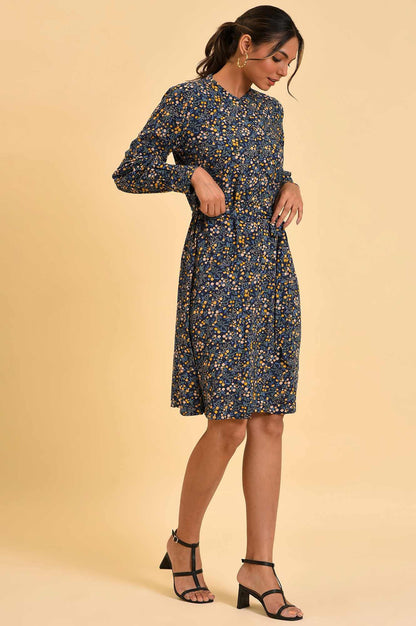 Blue Floral Printed Dress With Belt - wforwoman