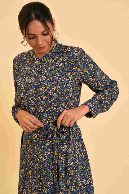 Blue Floral Printed Dress With Belt - wforwoman