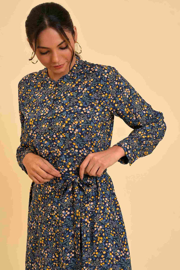 Blue Floral Printed Dress With Belt