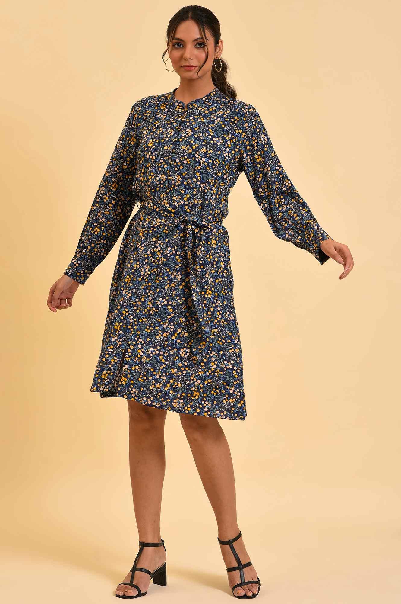 Blue Floral Printed Dress With Belt - wforwoman