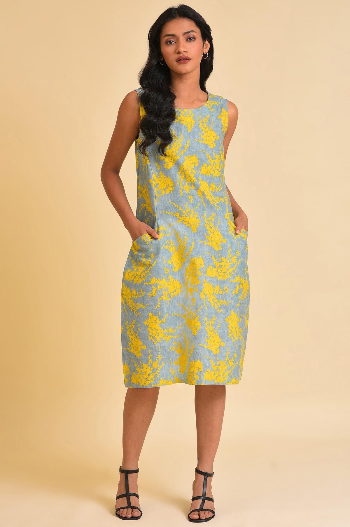 Blue And Yellow Abstract Print Western Dress - XS