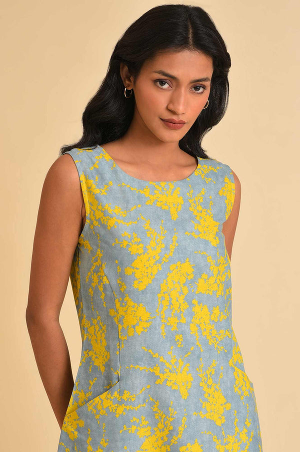 Blue And Yellow Abstract Print Western Dress