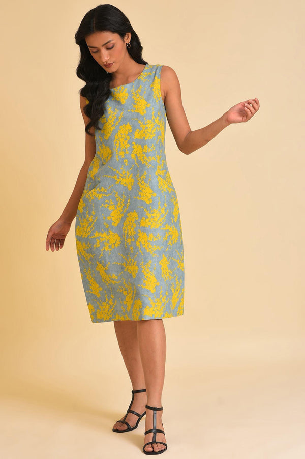 Blue And Yellow Abstract Print Western Dress