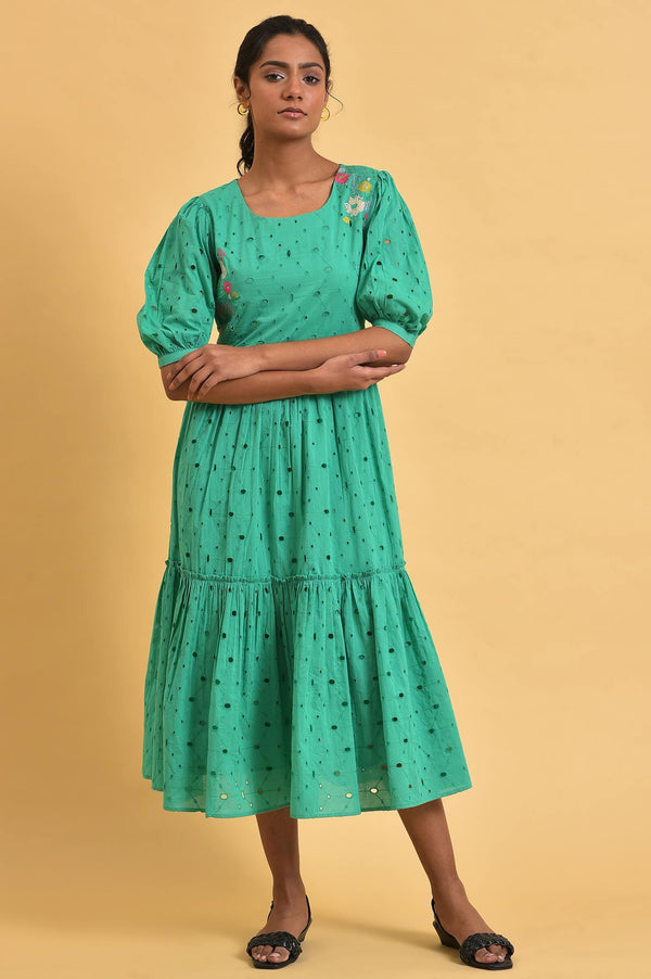 Green Schiffli Embroidered Cotton Flared Dress