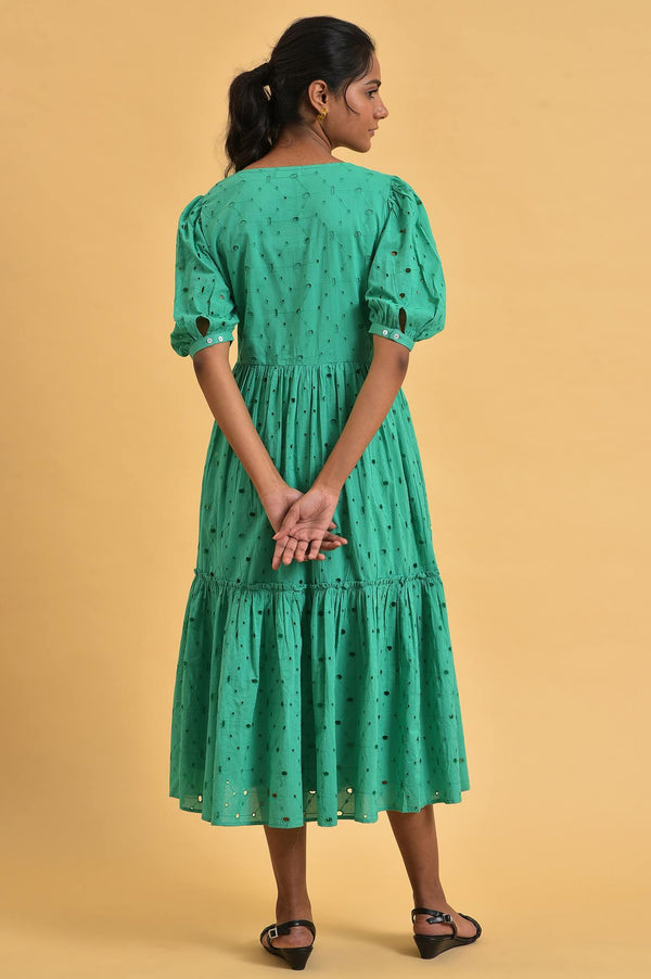 Green Schiffli Embroidered Cotton Flared Dress