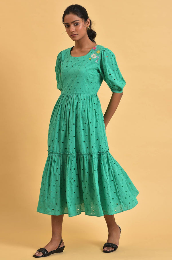 Green Schiffli Embroidered Cotton Flared Dress