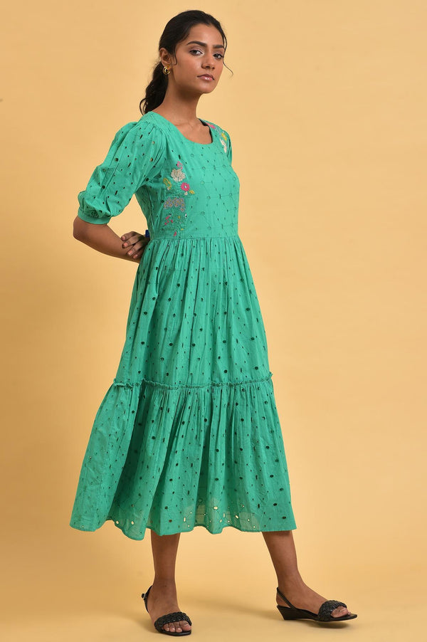 Green Schiffli Embroidered Cotton Flared Dress