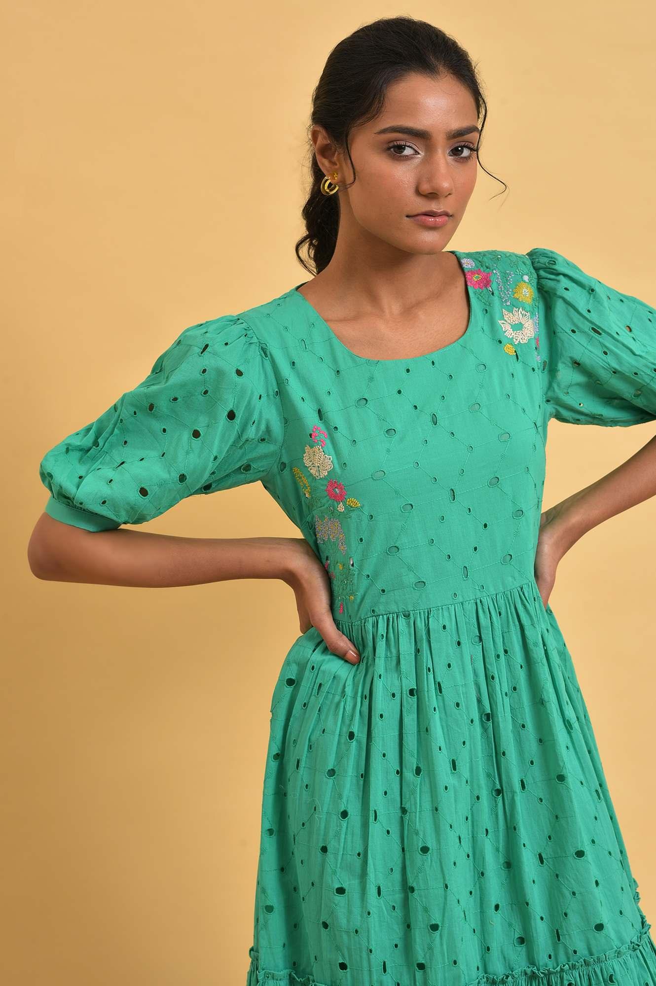 Buy Green Schiffli Embroidered Cotton Flared Dress Online for Woman | WforWoman Buy Green Schiffli Embroidered Cotton Flared Dress Online for Woman | WforWoman