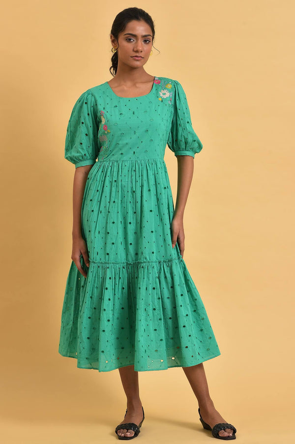 Green Schiffli Embroidered Cotton Flared Dress